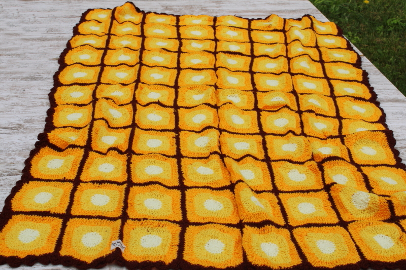 photo of vintage crochet afghan throw blanket, late summer sunflowers fall harvest season colors  #6