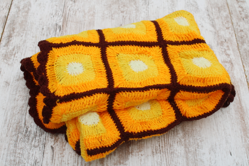 photo of vintage crochet afghan throw blanket, late summer sunflowers fall harvest season colors  #7