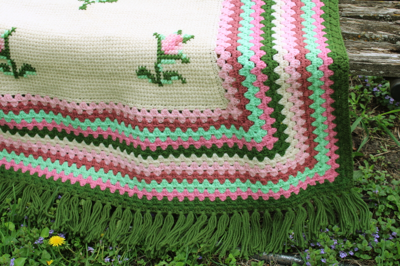 photo of vintage crochet afghan w/ hand embroidered roses, boho fringed lap blanket throw pink & green  #2