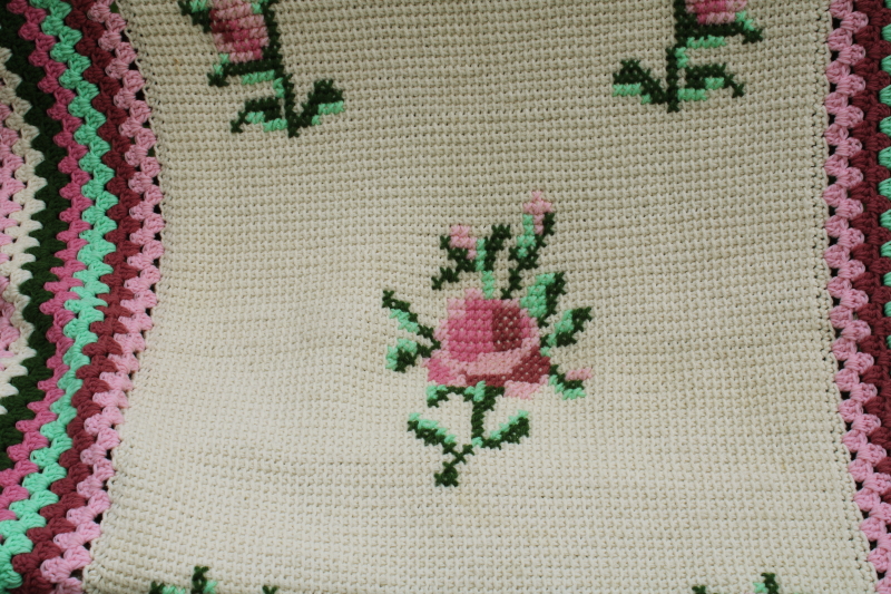 photo of vintage crochet afghan w/ hand embroidered roses, boho fringed lap blanket throw pink & green  #3