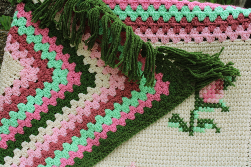 photo of vintage crochet afghan w/ hand embroidered roses, boho fringed lap blanket throw pink & green  #4