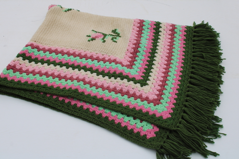 photo of vintage crochet afghan w/ hand embroidered roses, boho fringed lap blanket throw pink & green  #5