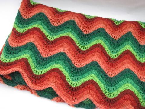 photo of vintage crochet afghan, wool yarns in natural browns & greens #1