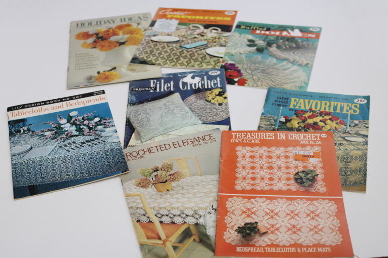 photo of vintage crochet booklets, lace doilies, tablecloths, linens, lot of digest size pattern books #1