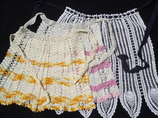 photo of vintage crochet cotton kitchen aprons, colored thread and white lace #1