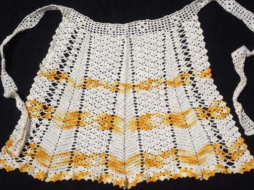 photo of vintage crochet cotton kitchen aprons, colored thread and white lace #3