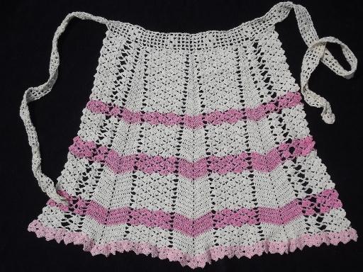 photo of vintage crochet cotton kitchen aprons, colored thread and white lace #4