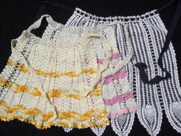catalog photo of vintage crochet cotton kitchen aprons, colored thread and white lace