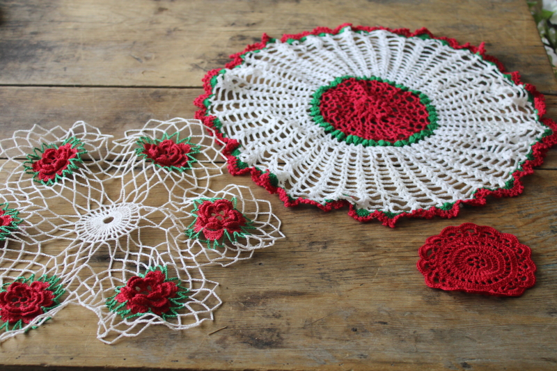 photo of vintage crochet cotton lace doilies, Christmas roses red and green, cozy grandmacore cottage decor #1