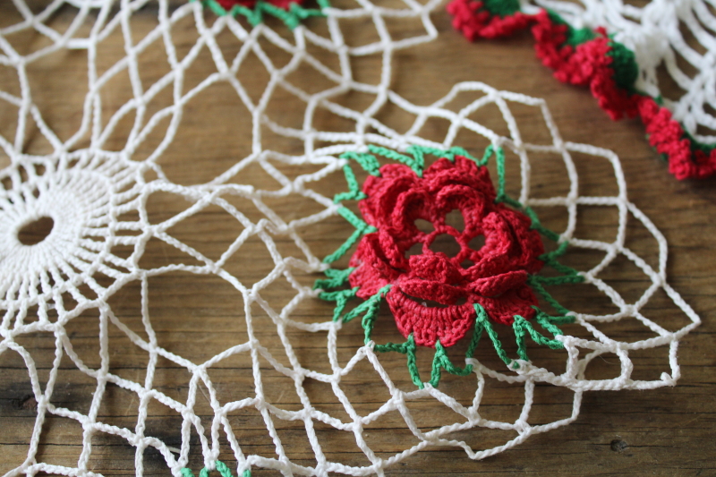photo of vintage crochet cotton lace doilies, Christmas roses red and green, cozy grandmacore cottage decor  #2