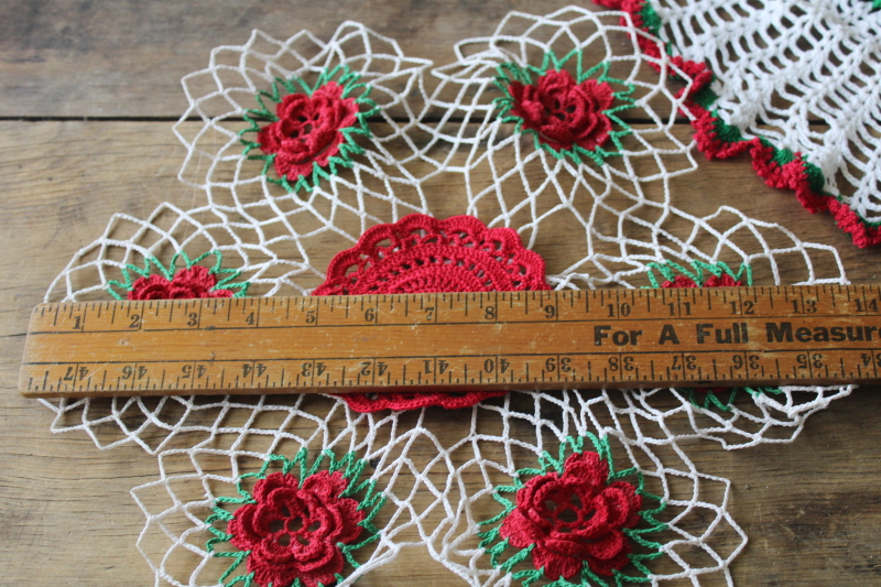 photo of vintage crochet cotton lace doilies, Christmas roses red and green, cozy grandmacore cottage decor  #3