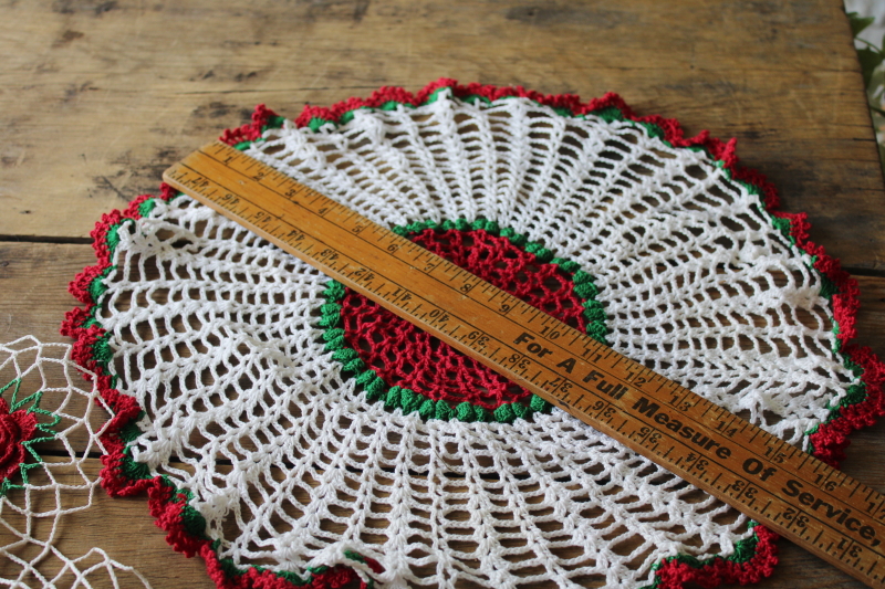 photo of vintage crochet cotton lace doilies, Christmas roses red and green, cozy grandmacore cottage decor  #4
