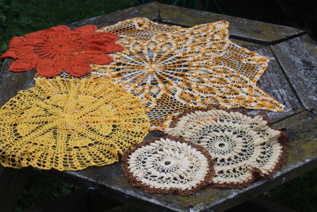 photo of vintage crochet doilies, handmade crocheted lace table covers in fall autumn colors #1