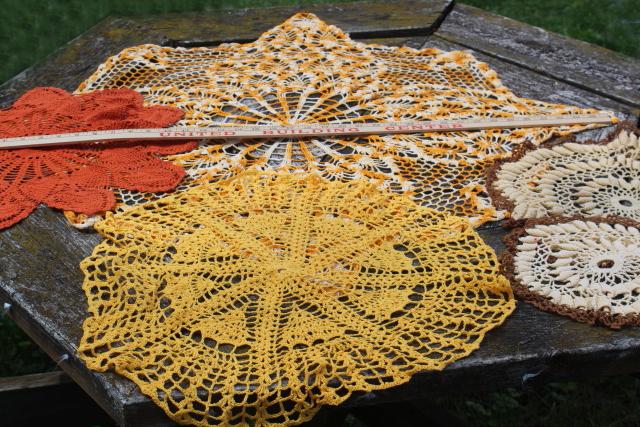 photo of vintage crochet doilies, handmade crocheted lace table covers in fall autumn colors #2