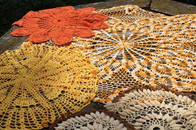 photo of vintage crochet doilies, handmade crocheted lace table covers in fall autumn colors #5