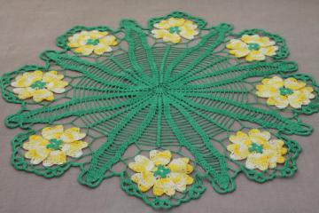 catalog photo of vintage crochet flower doily, green & yellow flowers cotton thread lace doily