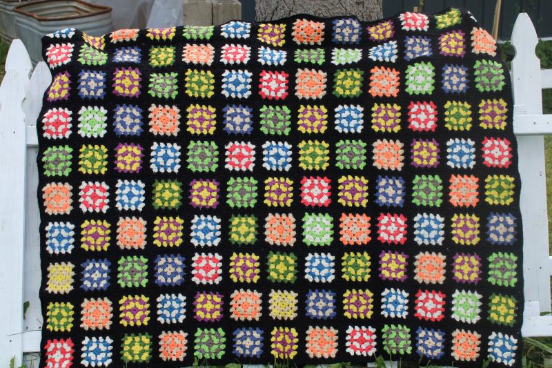 photo of vintage crochet granny squares afghan blanket, acrylic yarn black w/ bright re #1