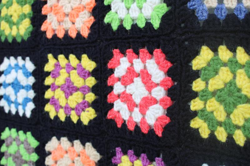 photo of vintage crochet granny squares afghan blanket, acrylic yarn black w/ bright re #3