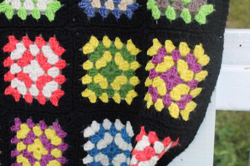 photo of vintage crochet granny squares afghan blanket, acrylic yarn black w/ bright re #4