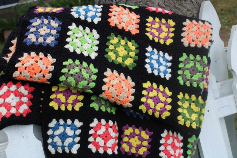photo of vintage crochet granny squares afghan blanket, acrylic yarn black w/ bright re #6