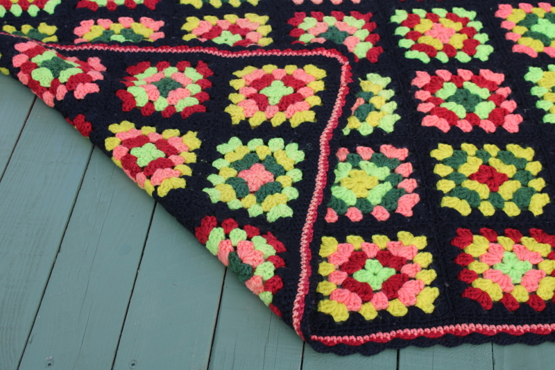 photo of vintage crochet granny squares lap blanket throw, mini afghan in summer harvest fall colors #3