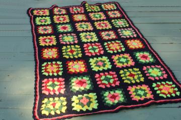 catalog photo of vintage crochet granny squares lap blanket throw, mini afghan in summer harvest fall colors 