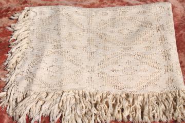 catalog photo of vintage crochet lace bedspread, queen size handmade crocheted cotton coverlet w/ fringe