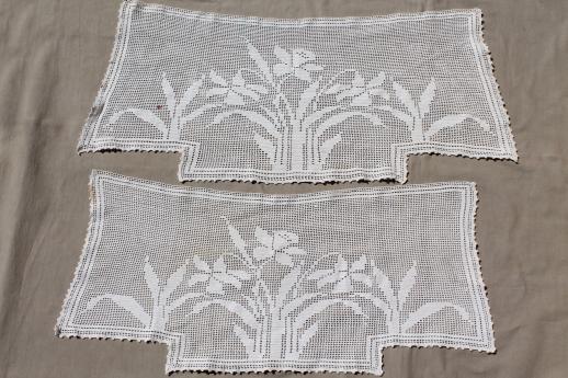 photo of vintage crochet lace curtain valance panels w/ daffodils, cottage style lace curtains #1