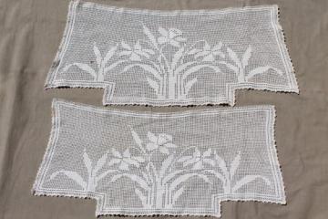 catalog photo of vintage crochet lace curtain valance panels w/ daffodils, cottage style lace curtains