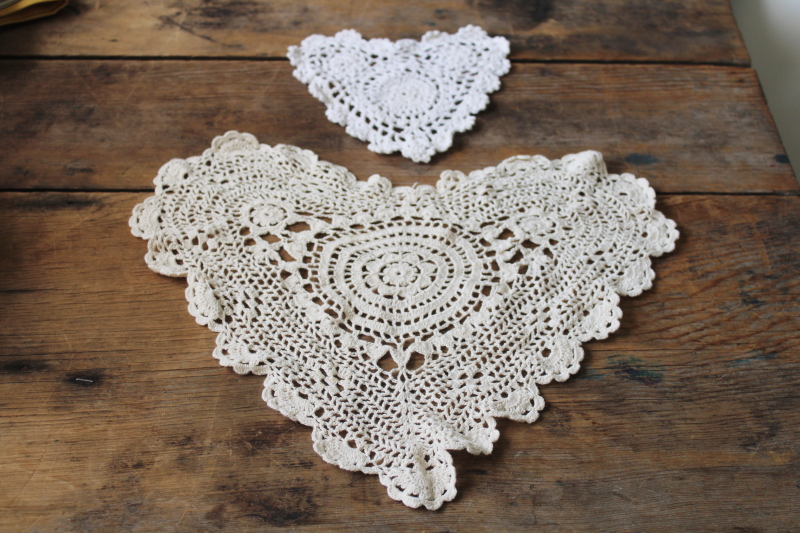 photo of vintage crochet lace doilies, large & small hearts 80s grandmacore cottage decor  #1