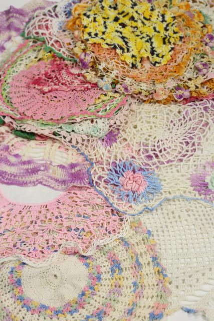 photo of vintage crochet lace doilies pretty colored thread, crocheted flowers doily lot #1