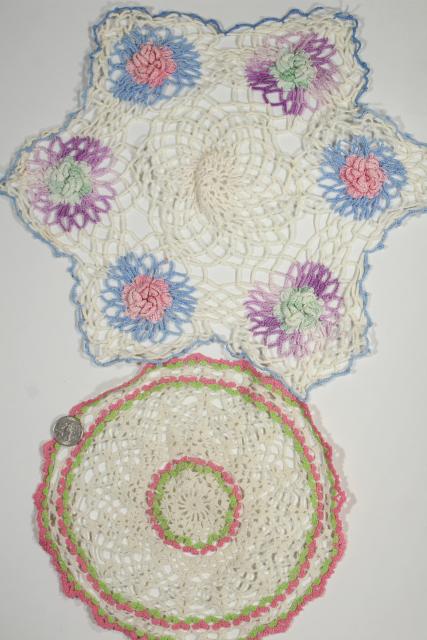 photo of vintage crochet lace doilies pretty colored thread, crocheted flowers doily lot #3