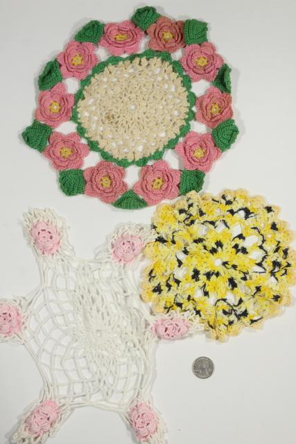 photo of vintage crochet lace doilies pretty colored thread, crocheted flowers doily lot #7