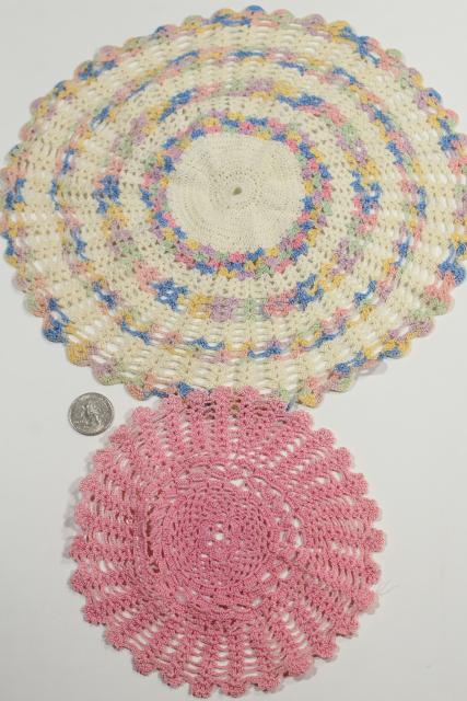 photo of vintage crochet lace doilies pretty colored thread, crocheted flowers doily lot #9