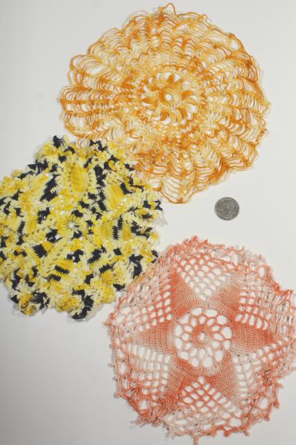 photo of vintage crochet lace doilies pretty colored thread, crocheted flowers doily lot #10