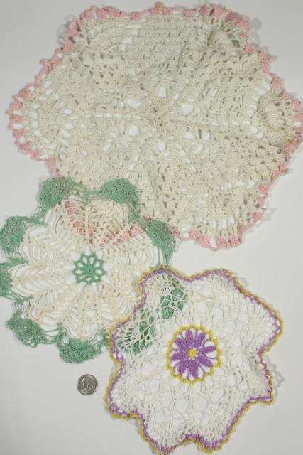 photo of vintage crochet lace doilies pretty colored thread, crocheted flowers doily lot #13