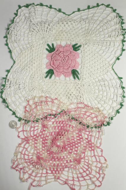 photo of vintage crochet lace doilies pretty colored thread, crocheted flowers doily lot #14