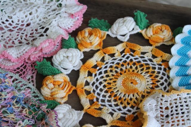 photo of vintage crochet lace doily lot in pretty colored thread, flower doilies and table mats #4