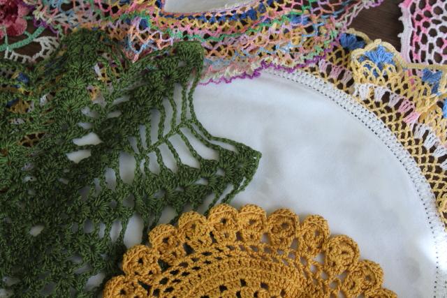 photo of vintage crochet lace doily lot in pretty colored thread, flower doilies and table mats #5