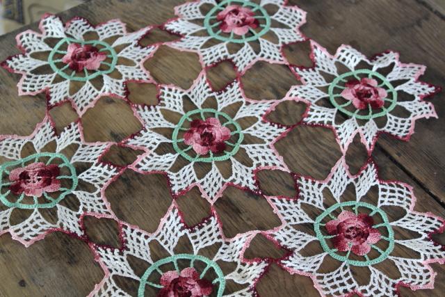 photo of vintage crochet lace doily lot in pretty colored thread, flower doilies and table mats #7