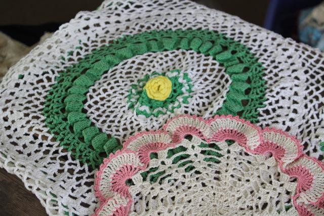 photo of vintage crochet lace doily lot in pretty colored thread, flower doilies and table mats #8