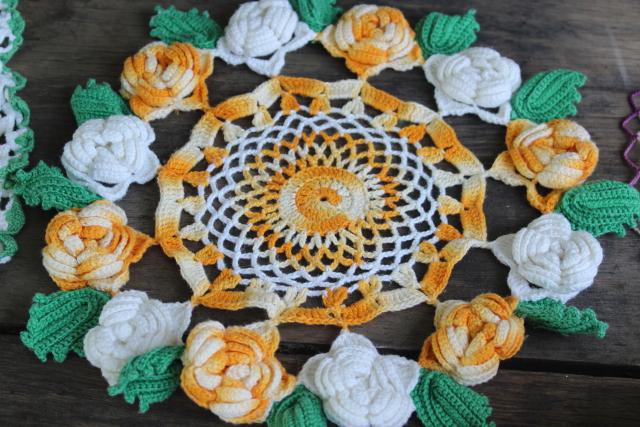 photo of vintage crochet lace doily lot in pretty colored thread, flower doilies and table mats #10