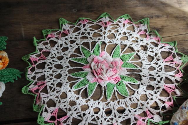 photo of vintage crochet lace doily lot in pretty colored thread, flower doilies and table mats #11