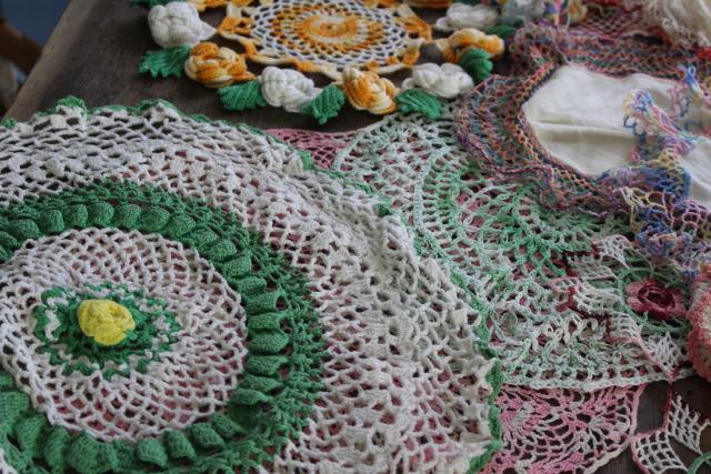 photo of vintage crochet lace doily lot in pretty colored thread, flower doilies and table mats #12