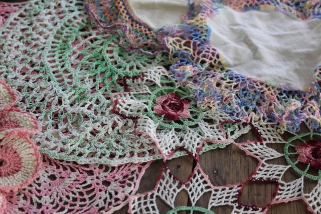 photo of vintage crochet lace doily lot in pretty colored thread, flower doilies and table mats #13