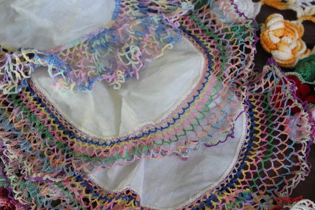 photo of vintage crochet lace doily lot in pretty colored thread, flower doilies and table mats #14