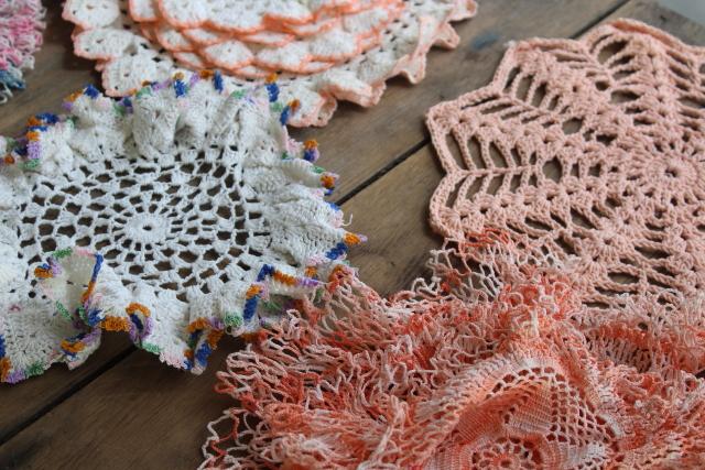 photo of vintage crochet lace doily lot in pretty colored thread, flower doilies and table mats #15