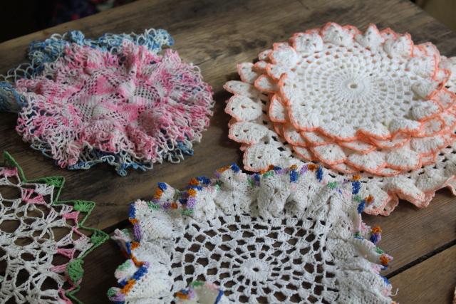 photo of vintage crochet lace doily lot in pretty colored thread, flower doilies and table mats #16