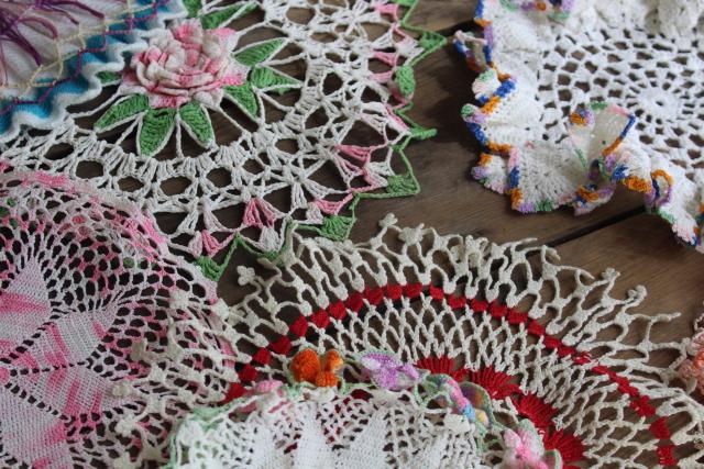 photo of vintage crochet lace doily lot in pretty colored thread, flower doilies and table mats #17