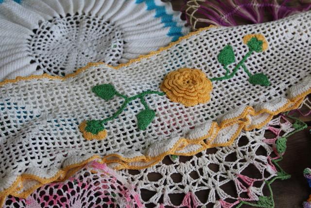 photo of vintage crochet lace doily lot in pretty colored thread, flower doilies and table mats #19